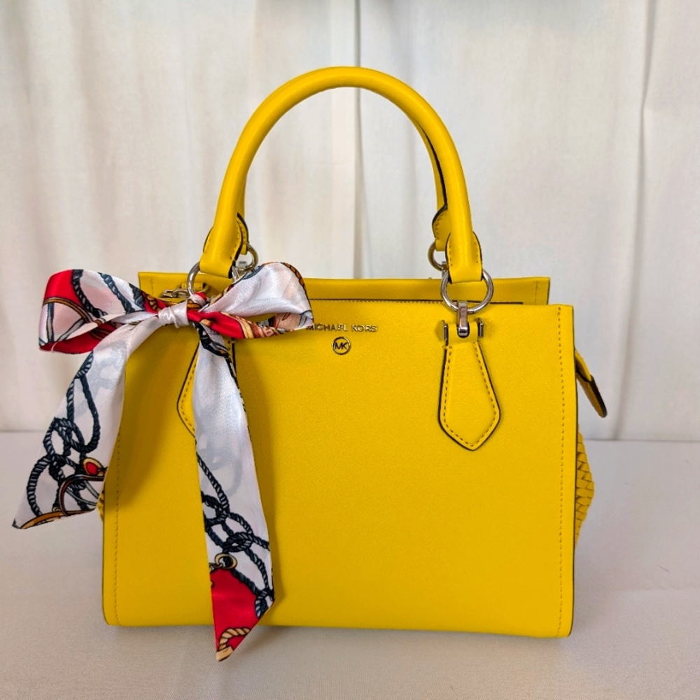 Michael Kors Marilyn Medium Saffiano Leather Woven Sides Purse Satchel Tote NWT - Picture 1 of 17